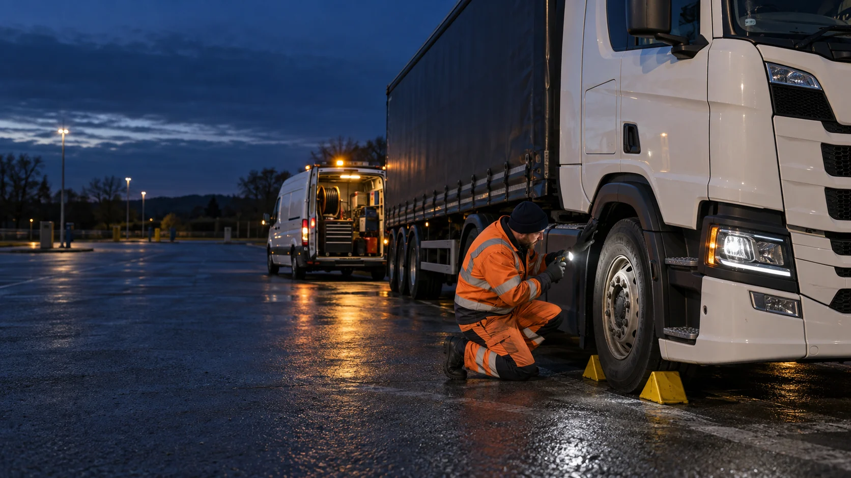 Illustrative scene of a technician in orange high-visibility workwear inspecting a white articulated lorry’s front tyre with a handheld work light at dusk.