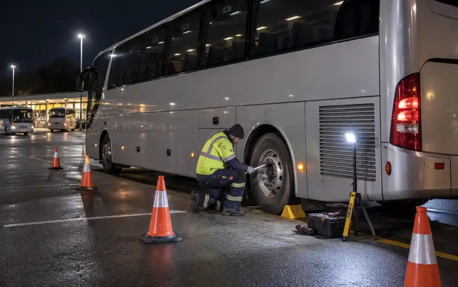 Night tyre service on a silver touring coach in a protected parking bay.
