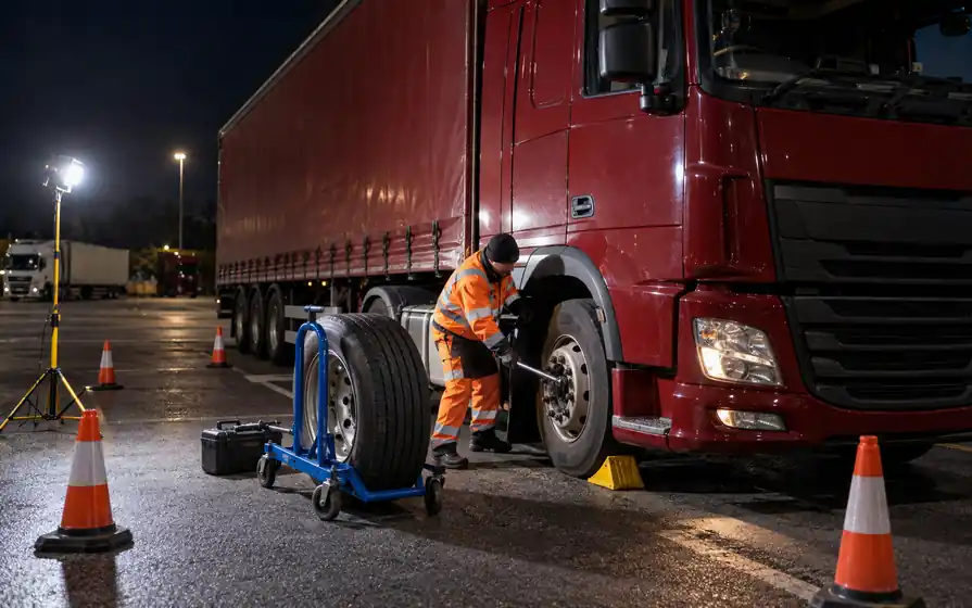 Technician servicing an HGV front tyre under portable lighting at night.