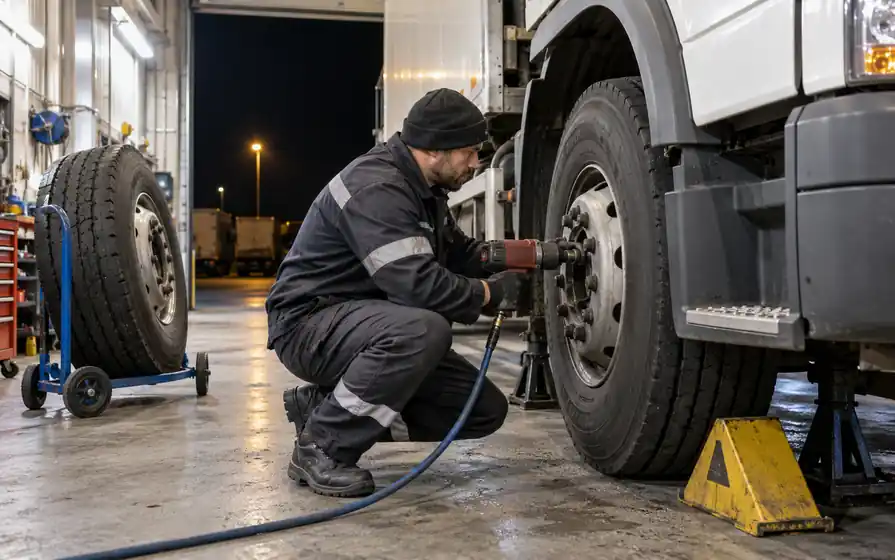 Technician using an impact wrench on a truck wheel in a brightly lit workshop at night.