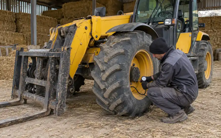 Technician checking front tyre pressure on an agricultural telehandler beside stacked hay bales.