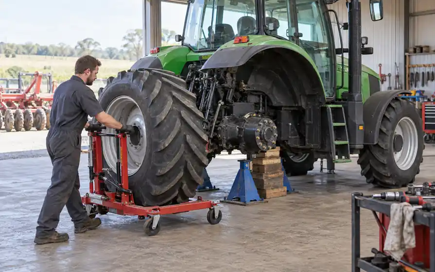 Technician aligning a chevron-tread rear tractor wheel with an exposed hub using a wheel trolley.