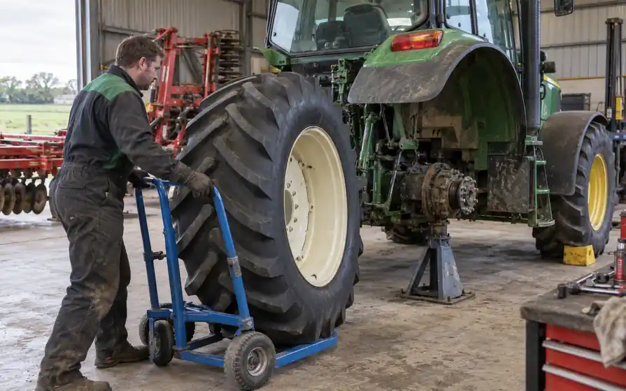 Technician guiding a large rear tractor wheel on a handling trolley toward a supported tractor axle.