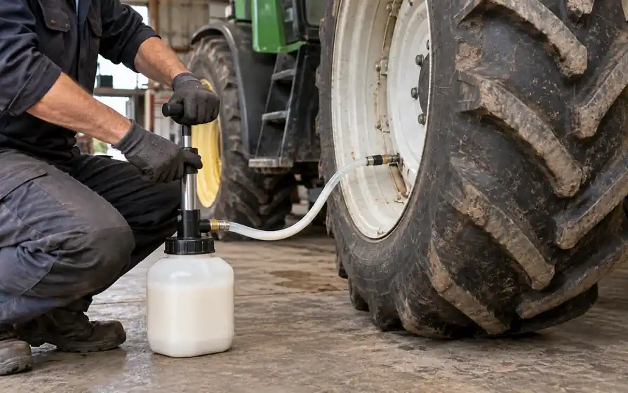 Technician pumping milky tyre sealant from a reservoir through a reinforced fluid hose connected to a tractor tyre valve.