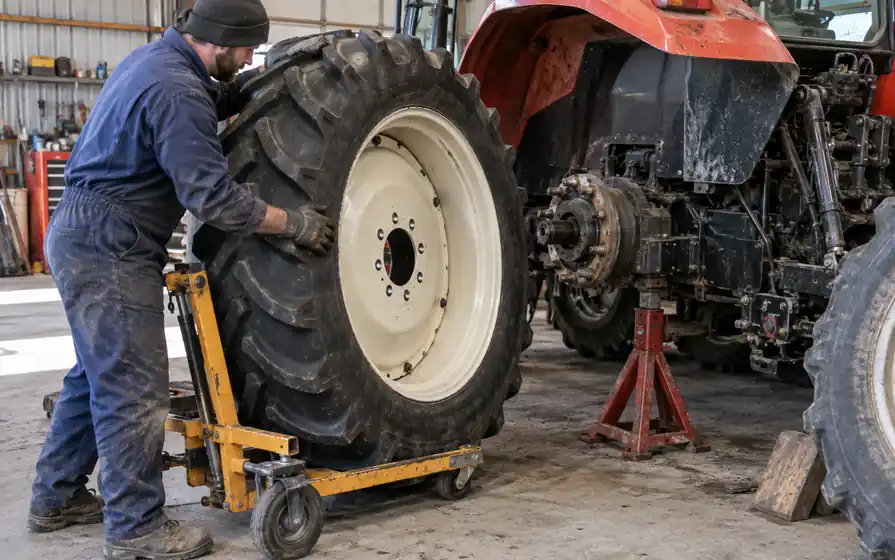 Mechanic guiding a cream-rimmed tractor wheel toward an exposed hub using a wheel trolley.