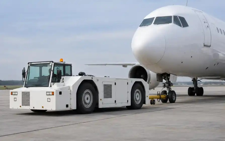 Aircraft pushback tug with heavy tyres connected by towbar to an aircraft nose wheel.