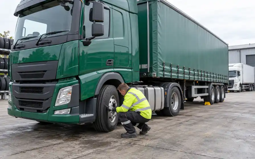 Tyre technician checking a green articulated lorry in a haulage yard.