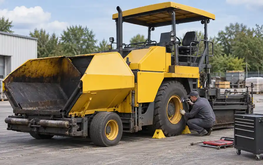 Technician inspecting the large rear tyre of a wheeled asphalt paver with hopper and rear paving screed visible.