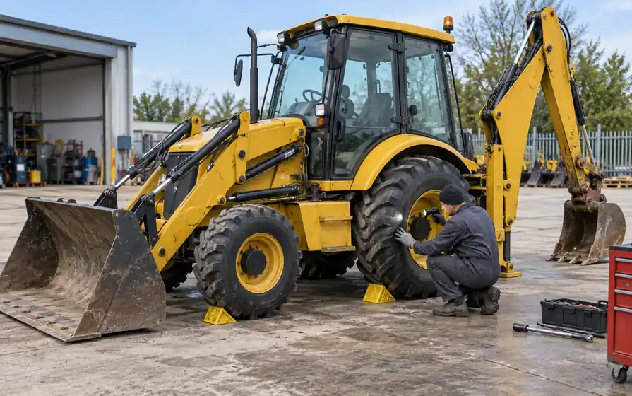 Technician inspecting the large rear chevron tyre of a backhoe loader, with front loader bucket and rear digging bucket visible.
