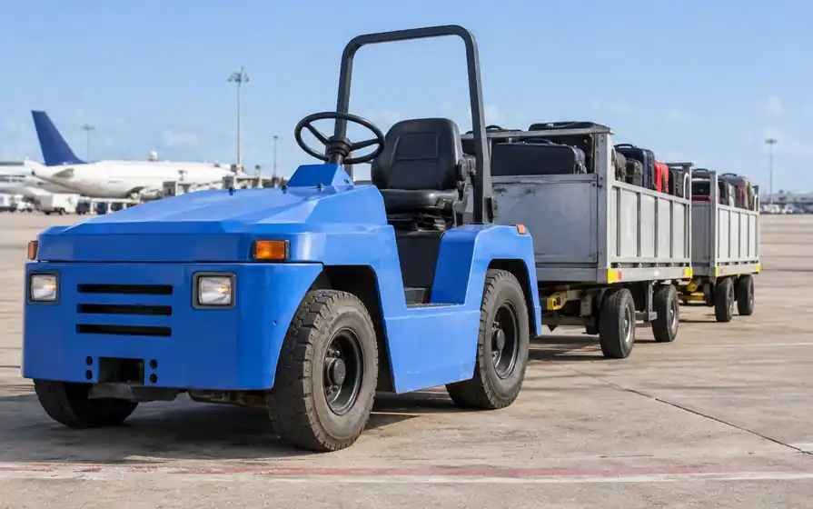Blue airport baggage tug with small pneumatic tyres and linked baggage carts.