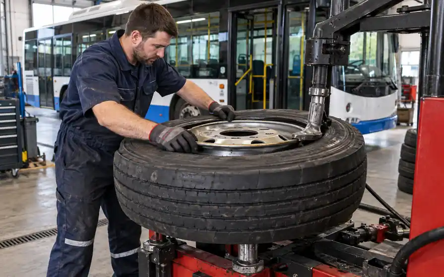 Mechanic using a tyre changing machine at the bead of a bus tyre, with a city bus behind.