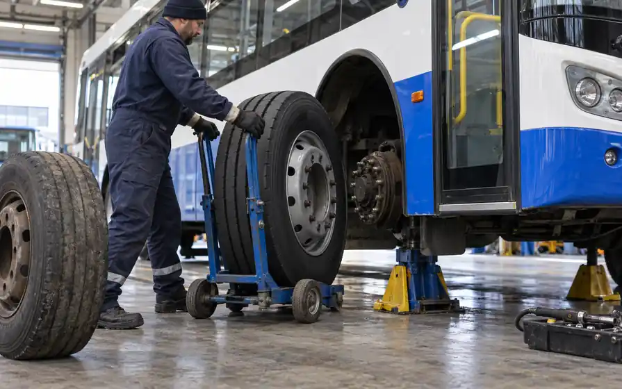 Mechanic positioning a replacement bus wheel on a trolley in front of a supported city bus hub.