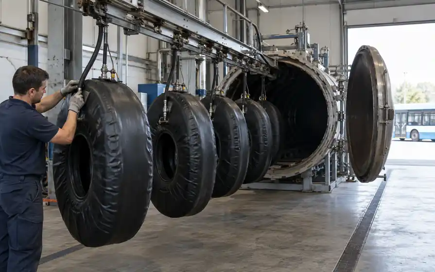 Bus tyre casings in curing envelopes queued on a rail beside an open retreading autoclave.