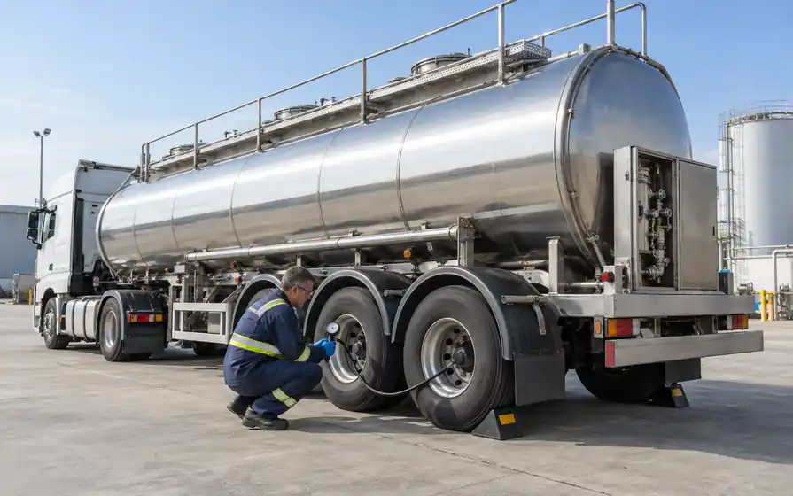 Technician checking a tyre on a stainless chemical tanker with protected valves.