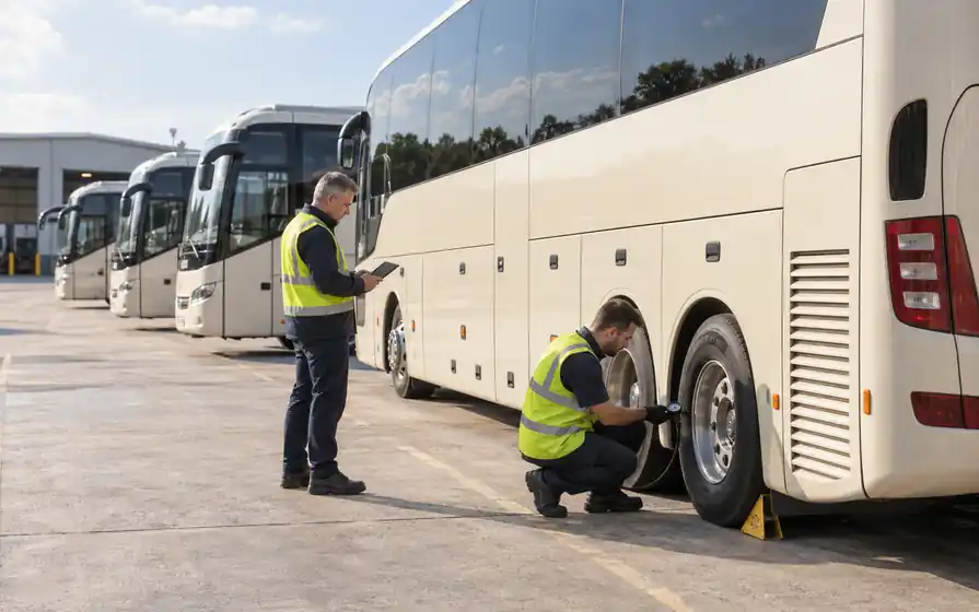 Technician checking a cream touring coach rear tyre while a supervisor records readings in a coach fleet depot.
