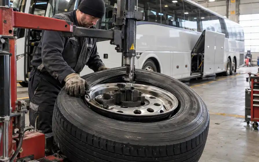 Mechanic working at a coach tyre on a mounting machine, with a touring coach and open luggage bay behind.