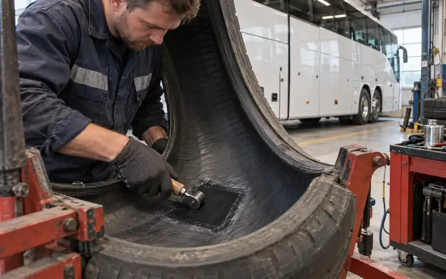 Technician rolling an internal repair patch inside a coach tyre held in a spreader, with a touring coach behind.