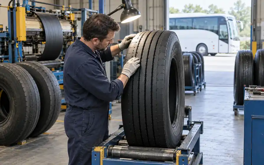Technician checking the fresh tread of a retreaded coach tyre on an inspection cradle.