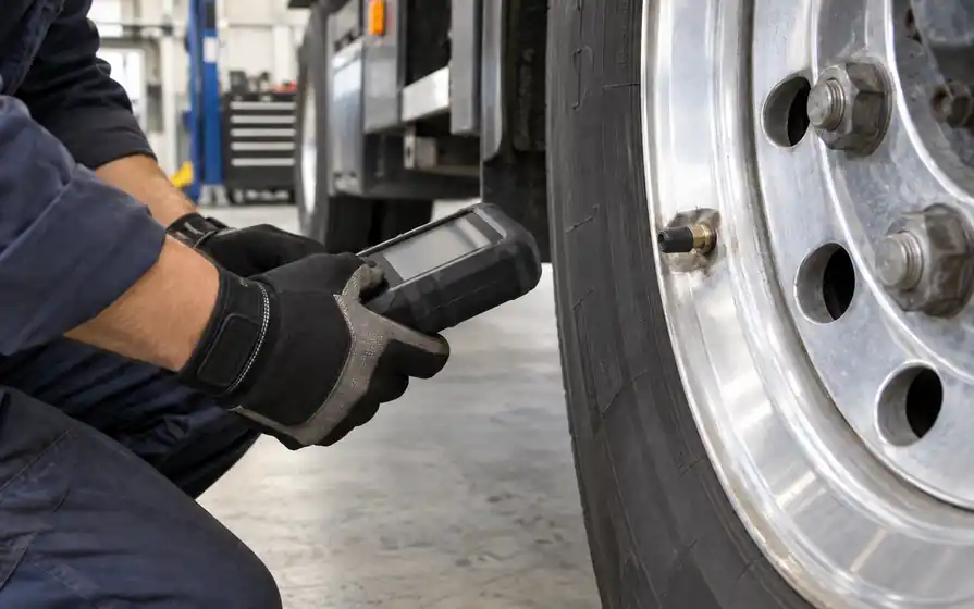 Technician holds a rugged wireless TPMS scanner near a commercial truck wheel valve, with a visible air gap and no connecting hose or cable.