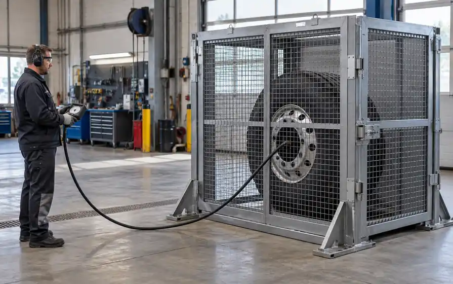 Technician operates an inflation gauge at a distance from a truck wheel enclosed in a closed safety cage.