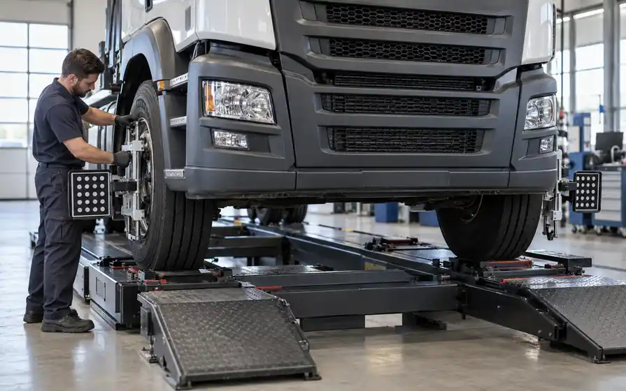 Technician adjusts alignment targets clamped to the front wheels of a truck on an alignment rack.