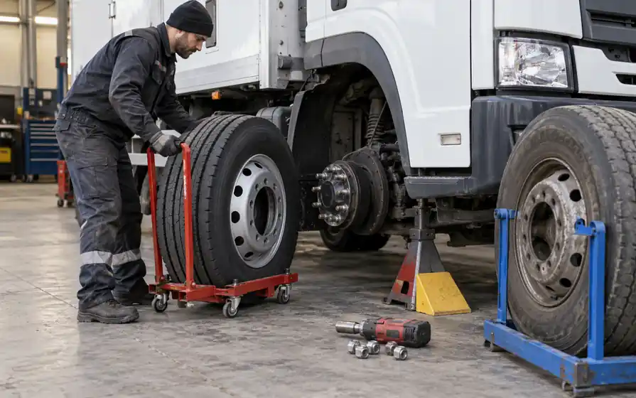 Mechanic positioning a complete replacement truck wheel on a trolley at an exposed front hub.