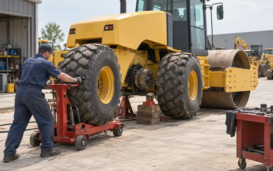 Technician positioning a large replacement rear tyre beside a supported single-drum soil compactor.