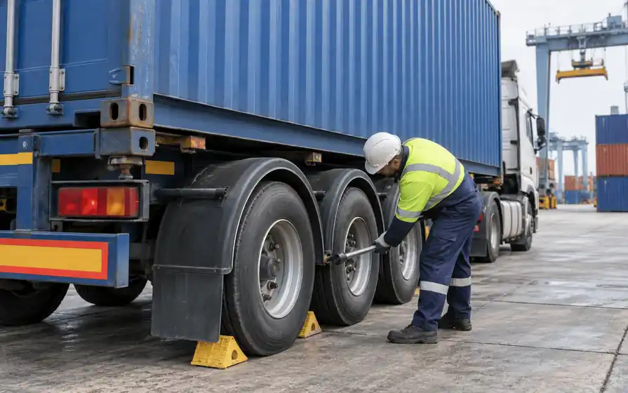 Mechanic servicing a container trailer tyre beneath a blue shipping container.