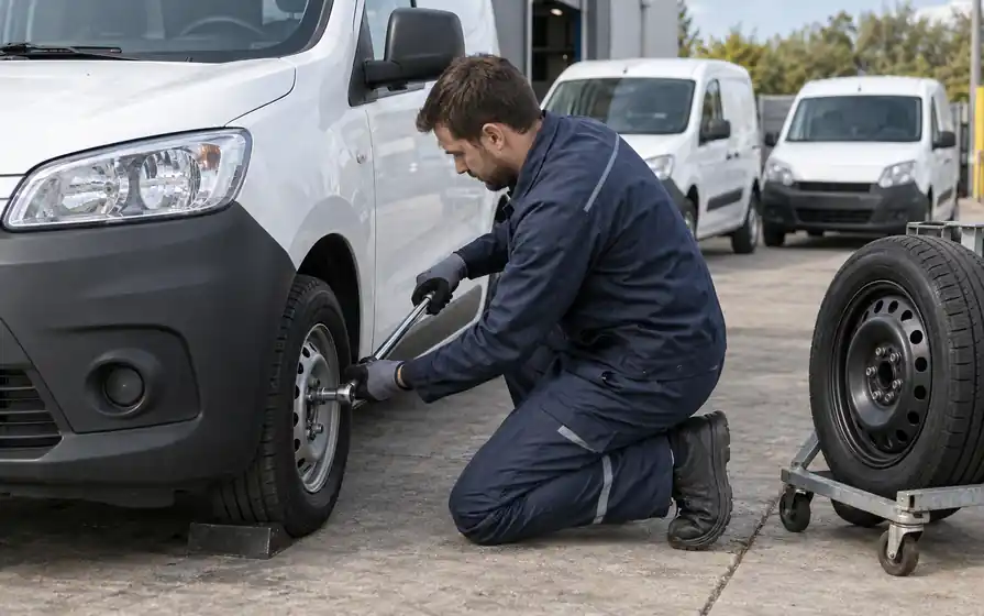 Technician tightening a compact courier van wheel with a torque wrench beside a spare wheel trolley and two other courier vans.