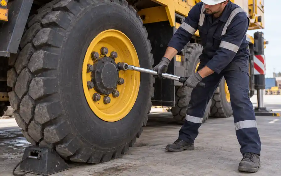 Technician checks a peripheral crane wheel nut with a long torque wrench while the wheel is chocked.