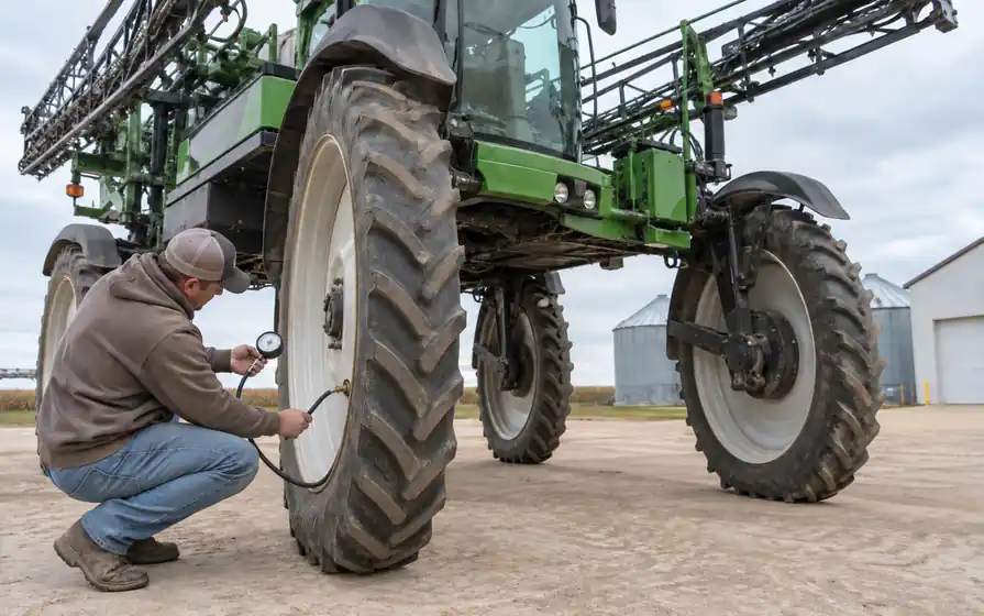 Technician checking a narrow crop sprayer tyre with a pressure gauge connected by hose to a visible brass valve at the outer wheel rim.