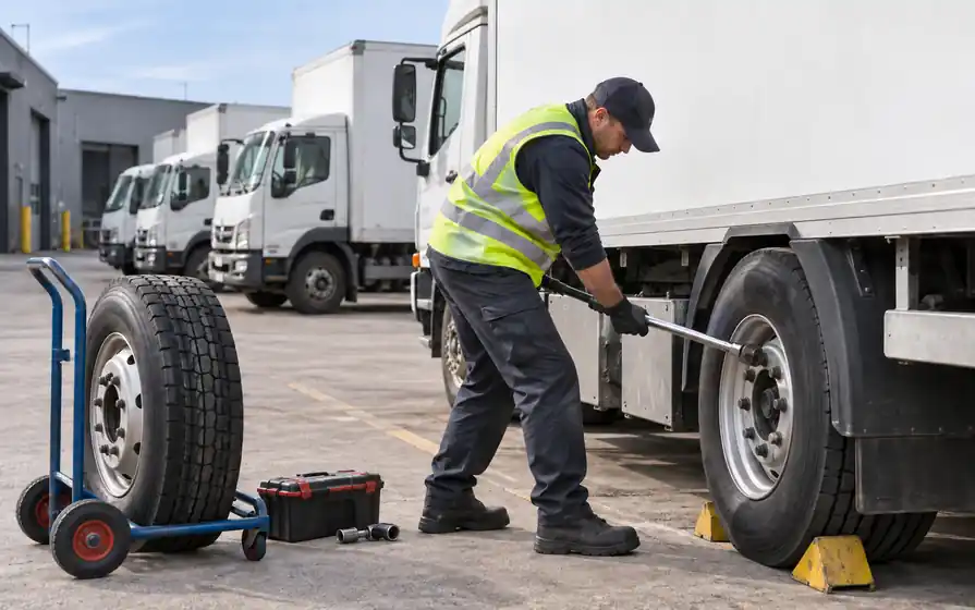 Technician tightening an upper peripheral wheel nut on a delivery box lorry, with a spare wheel trolley and delivery fleet behind.