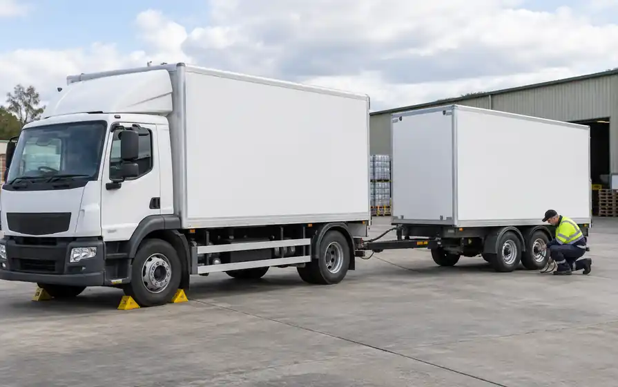 Technician checking a drawbar trailer tyre beside the visible towing linkage.