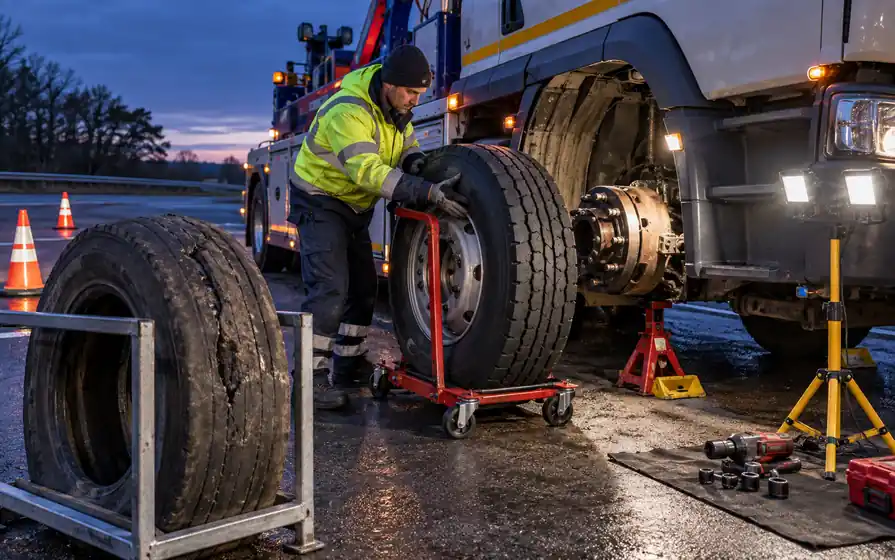 Technician guiding a new truck wheel toward an exposed hub at dusk, with a damaged tyre secured nearby.