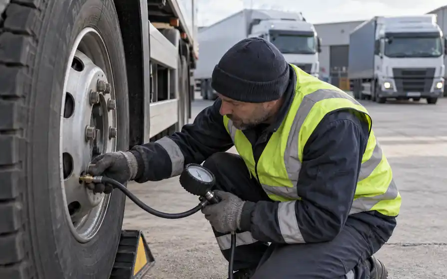 Technician connecting a pressure gauge hose to a lorry wheel valve at a fleet depot.