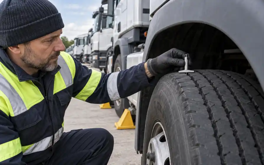 Technician measuring the tread groove of a fleet lorry tyre with a metal depth gauge.