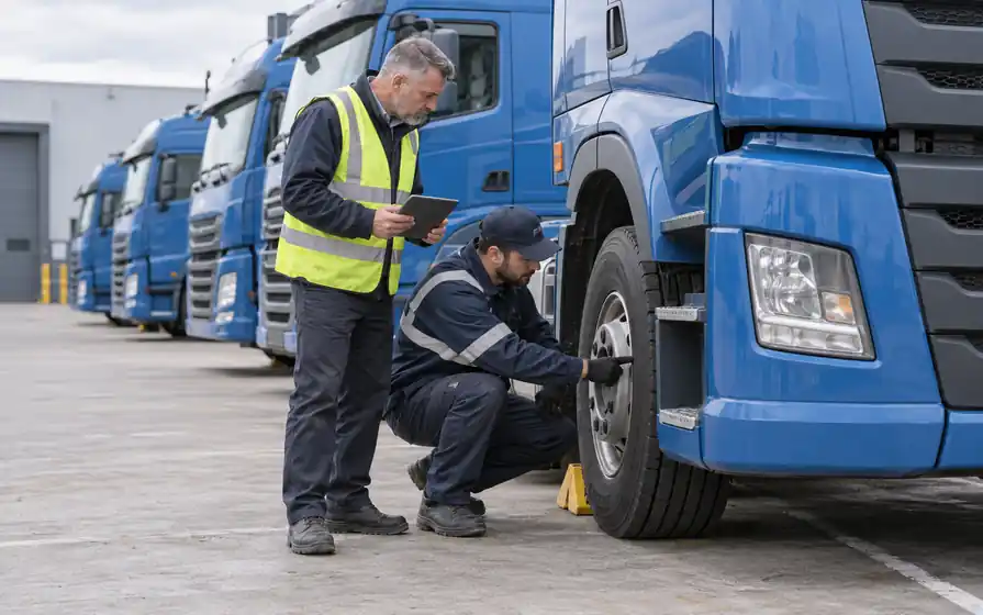 Fleet manager with a tablet and technician inspecting a front truck tyre beside a row of blue lorries.