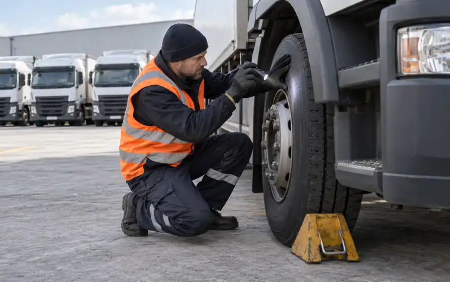 Technician inspecting a chocked lorry tyre sidewall with a torch in a fleet depot.