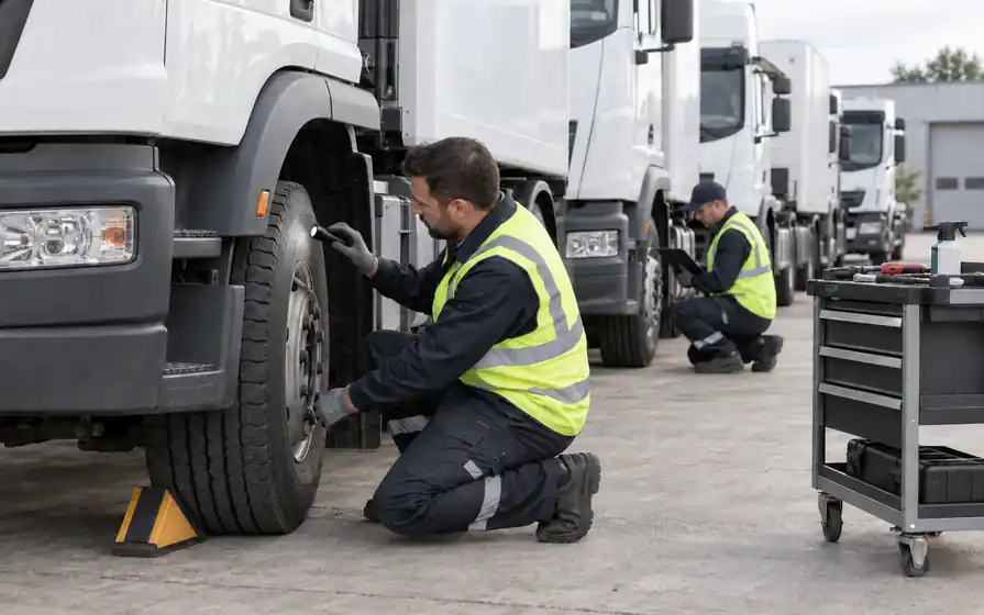 Technician inspecting a white fleet truck tyre with a flashlight while another technician checks a truck behind.