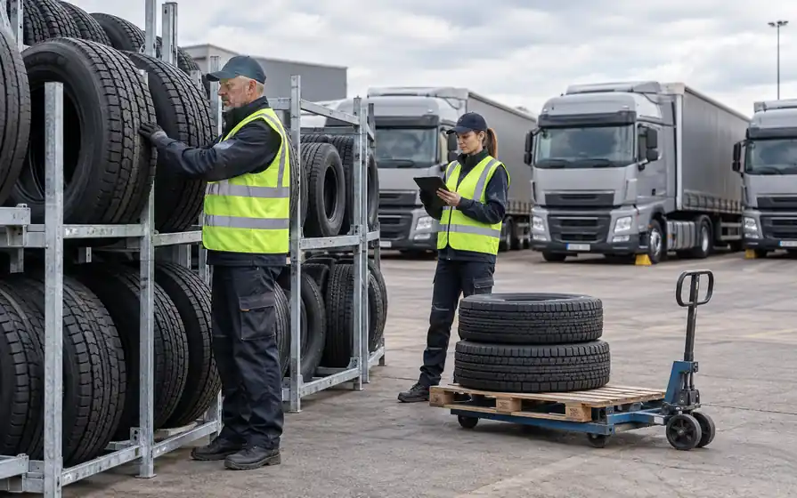 Technicians checking new truck tyres in steel racks and on a pallet trolley beside a fleet of grey lorries.