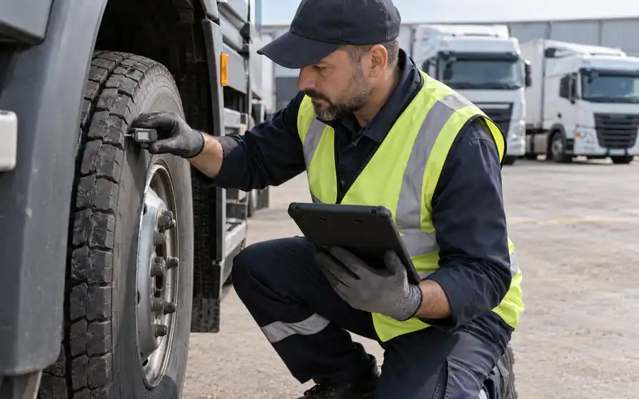 Technician checking a lorry tyre with a handheld gauge while holding a tablet at a fleet depot.