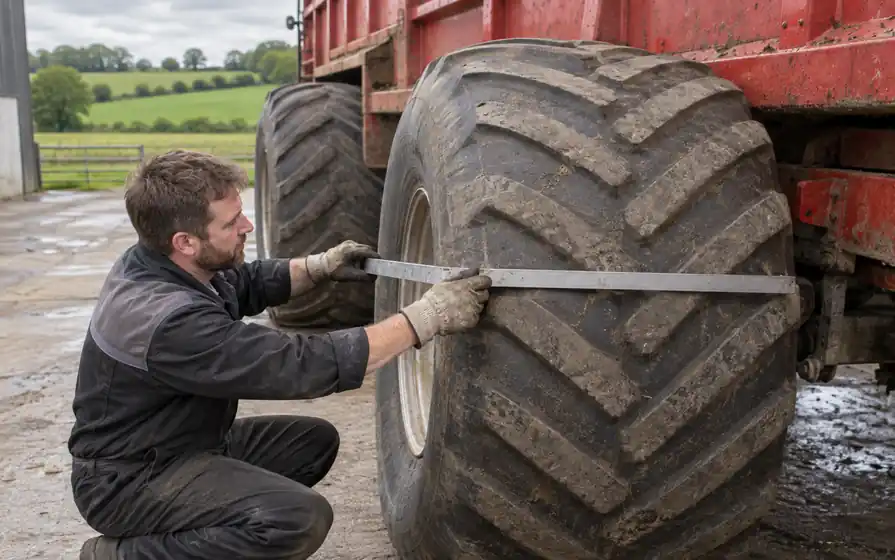 Technician measuring across the exceptionally wide tread of a flotation tyre on a farm wagon.