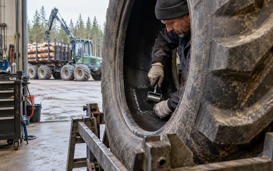 Technician stitching an internal repair patch on a large forestry tyre with a log forwarder outside.