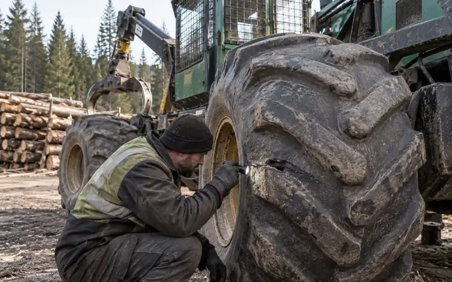 Technician inspecting damage in a heavy forestry tyre using a torch beside a log-handling machine.