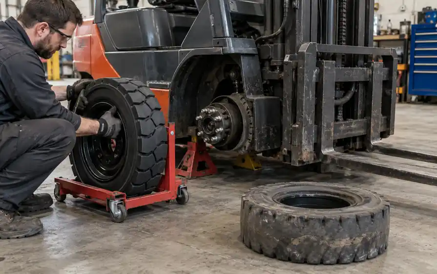 Mechanic guiding a new solid forklift wheel on a handling dolly toward an exposed front hub, with the forklift supported and a worn tyre on the floor.