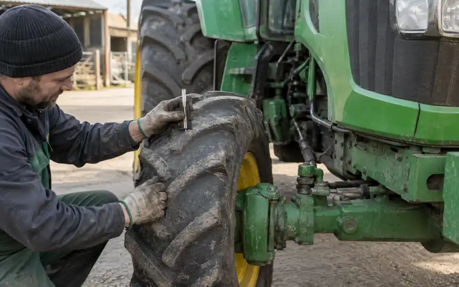 Mechanic measuring the lug tread on the smaller front tyre of a green tractor.