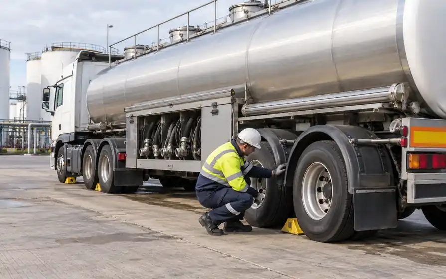 Technician inspecting a rear tyre on a fuel tanker with visible delivery fittings.