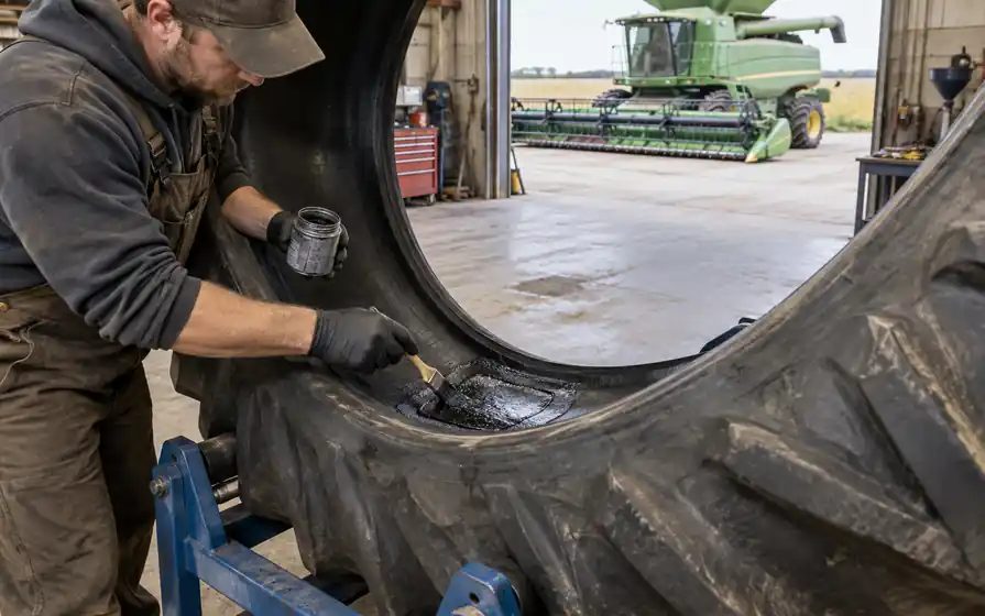 Technician brushing repair cement inside a large dismounted tyre with a combine harvester outside the workshop.