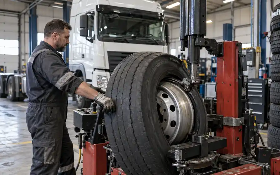 Operator using a hydraulic tyre changer on a large steel wheel with an HGV tractor unit behind.