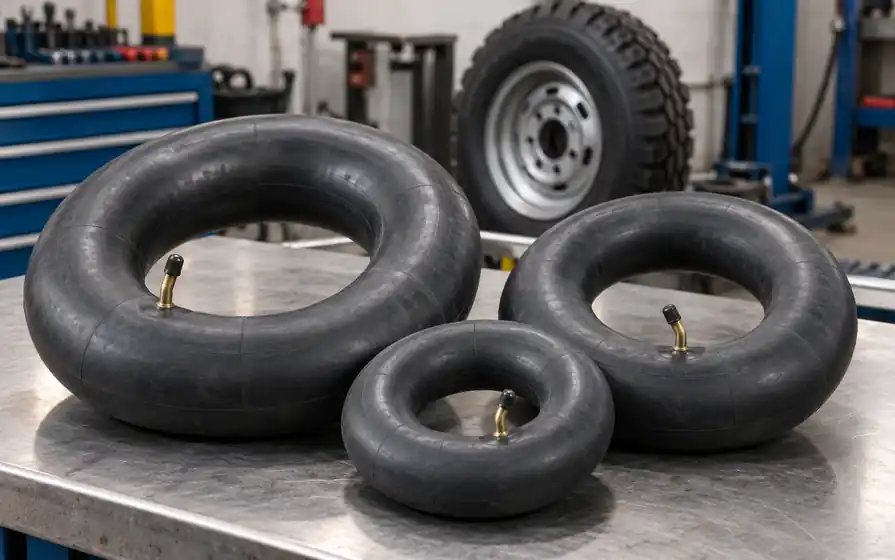 Three industrial inner tubes with brass valve stems arranged on a workshop bench.